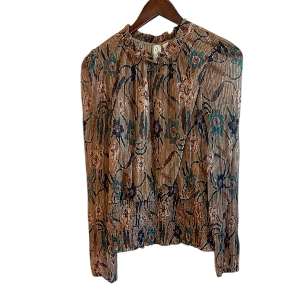 Joie Brocade High Neck Smocked Waist Tan Multicolor Shimmer Floral Top L